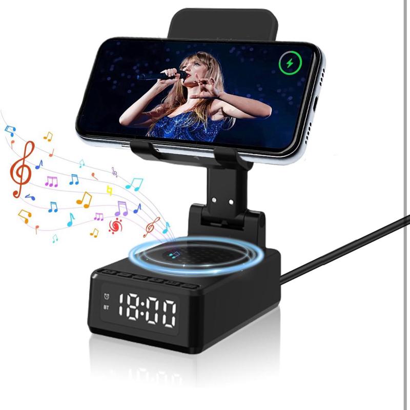 Bluetooth Speaker, Electronic Gadgets with Wireless Charger & Alarm Clock, with Type-C Interface, Foldable Angle & Height Phone Charger Stand with Sound Amplifier, Gifts for Men, Women