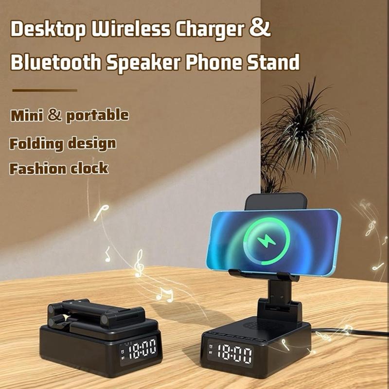 Bluetooth Speaker, Electronic Gadgets with Wireless Charger & Alarm Clock, with Type-C Interface, Foldable Angle & Height Phone Charger Stand with Sound Amplifier, Gifts for Men, Women