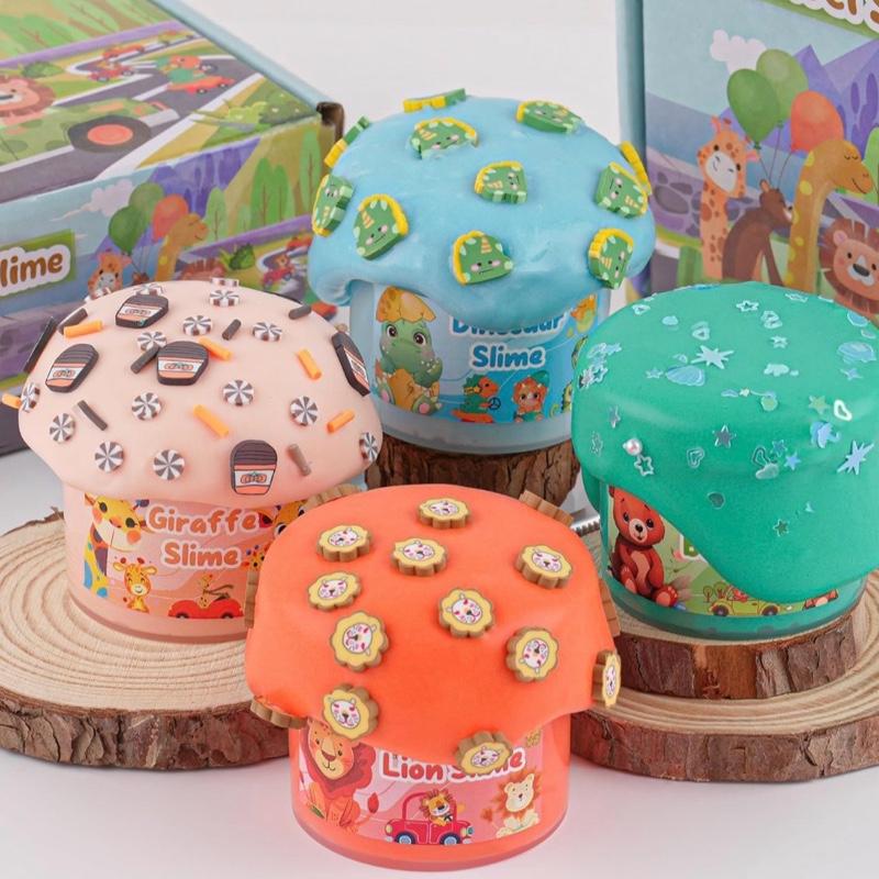 Travel Slime 4 Pack with Slime Charms - Lion Bear Giraffe Dinosaur Toys for Kids