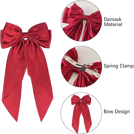3Pcs Big Bow Hair Clip French Hair Clip Big Bowknot Hairpin with Long Silky Satin Solid ColoUr Tail White and Black and Red