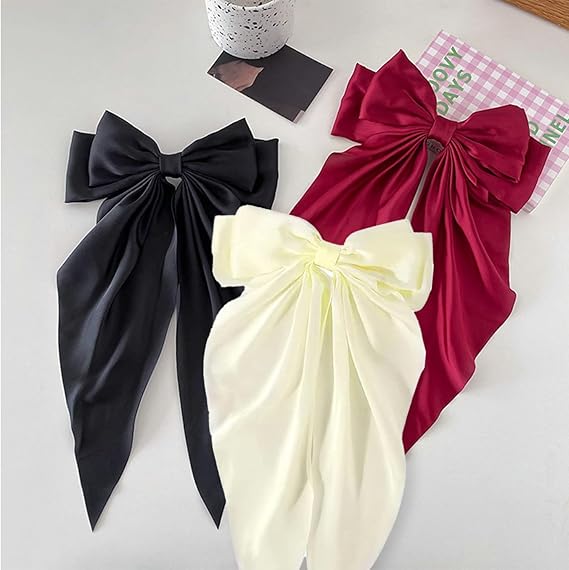 3Pcs Big Bow Hair Clip French Hair Clip Big Bowknot Hairpin with Long Silky Satin Solid ColoUr Tail White and Black and Red