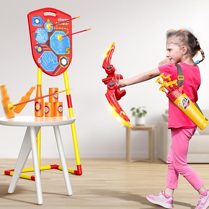 2-in-1 Bow and Arrow Set for Kids, Shield Archery Shooting Game Includes 1 Bow with Lights, 10 Suction Cups Arrows and Quiver, 1 Standing Targets