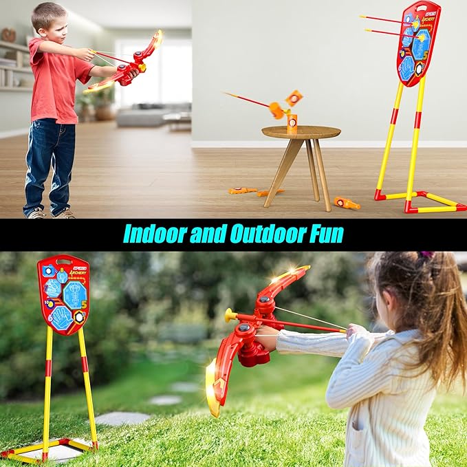 2-in-1 Bow and Arrow Set for Kids, Shield Archery Shooting Game Includes 1 Bow with Lights, 10 Suction Cups Arrows and Quiver, 1 Standing Targets