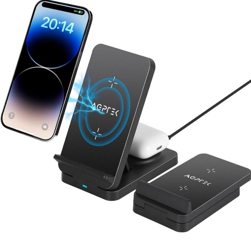 AGPTEK 3 in 1 Foldable Wireless Charging Station for Smartphones & Earbuds - Compact & Convenient Design with 15W Fast Charging, Universal Compatibility, and Sleep-friendly Indicator