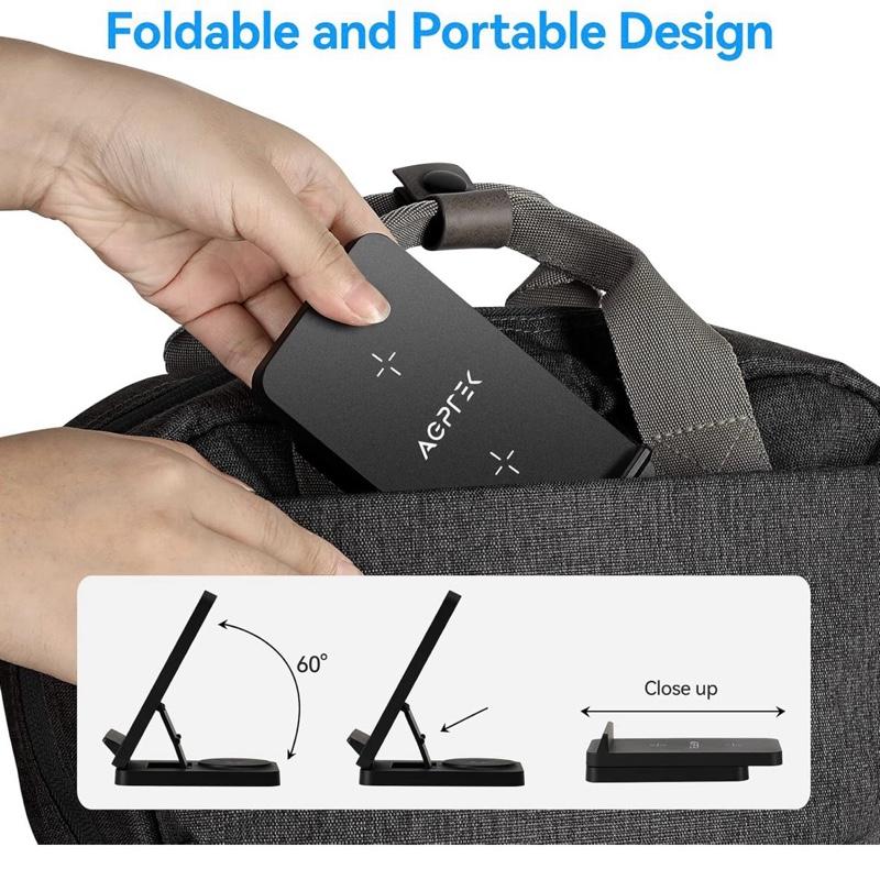 AGPTEK 3 in 1 Foldable Wireless Charging Station for Smartphones & Earbuds - Compact & Convenient Design with 15W Fast Charging, Universal Compatibility, and Sleep-friendly Indicator