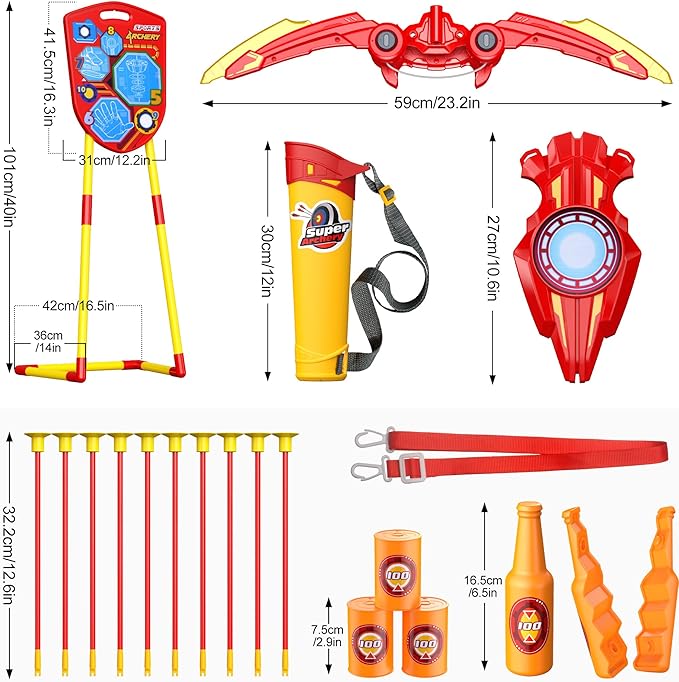 2-in-1 Bow and Arrow Set for Kids, Shield Archery Shooting Game Includes 1 Bow with Lights, 10 Suction Cups Arrows and Quiver, 1 Standing Targets