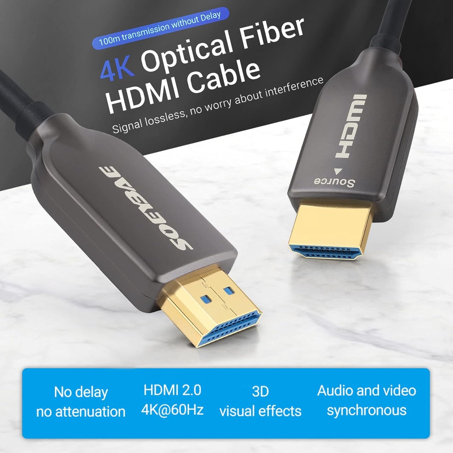 SOEYBAE HDMI Cable 2M, 4K Fibre Optic HDMI Cable 18Gbps High Speed Support 4K@60Hz HDR10, 4:4:4, 3D, ARC,HDCP 2.2, PS3, PS4,PC