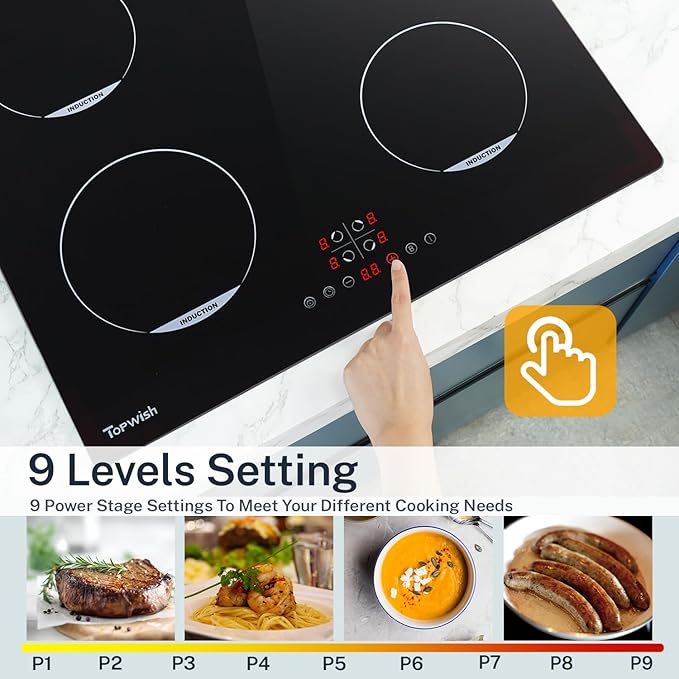 Induction Hob 60cm, 4 Zone Induction Hob with Child Lock, Boost Function, Touch Control, Residual Heat Indicator, Timer, 7200W Topwish