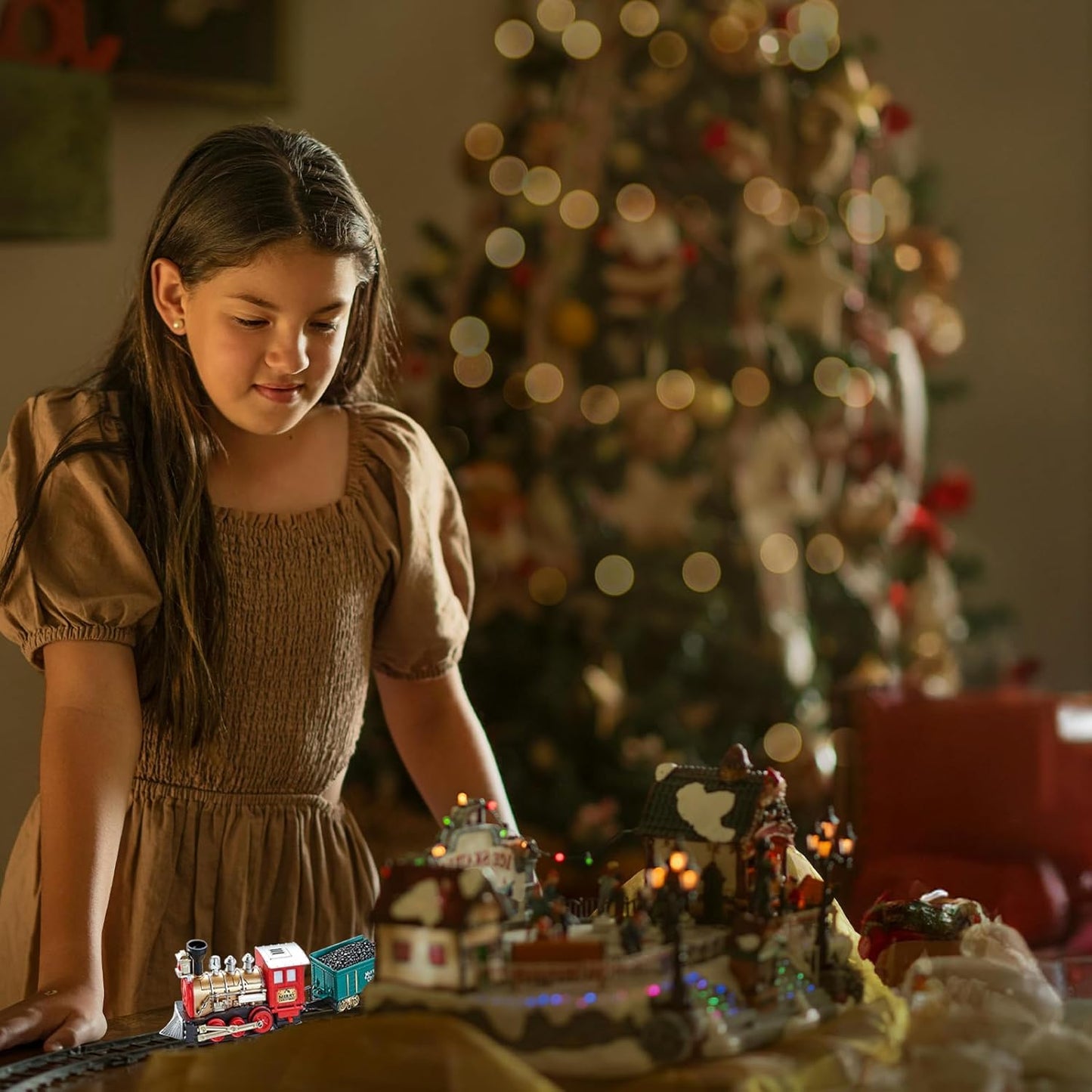 Christmas Village Train Set for Kids with Light & Sounds, Electric Train Set for Boys & Girls, Under Christmas Tree Gift