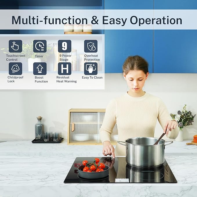 Induction Hob 60cm, 4 Zone Induction Hob with Child Lock, Boost Function, Touch Control, Residual Heat Indicator, Timer, 7200W Topwish