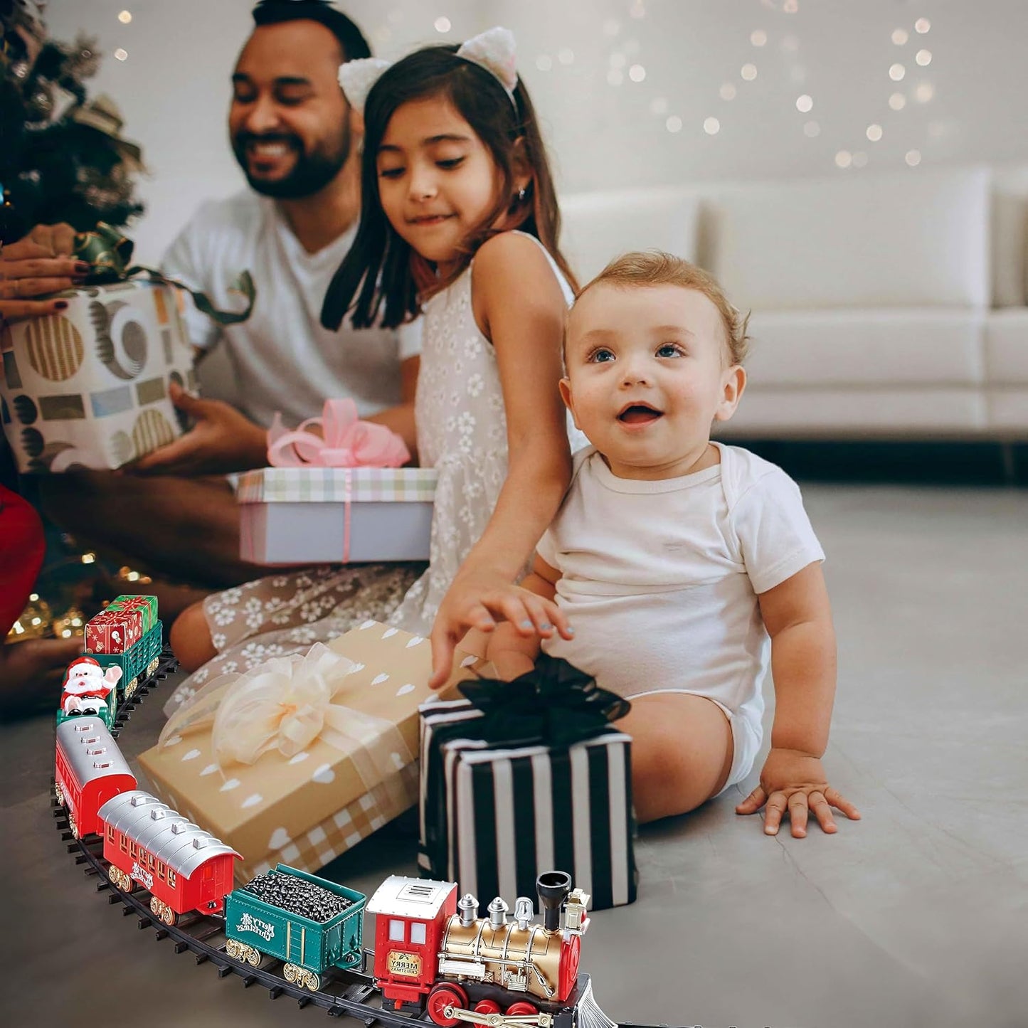 Christmas Village Train Set for Kids with Light & Sounds, Electric Train Set for Boys & Girls, Under Christmas Tree Gift