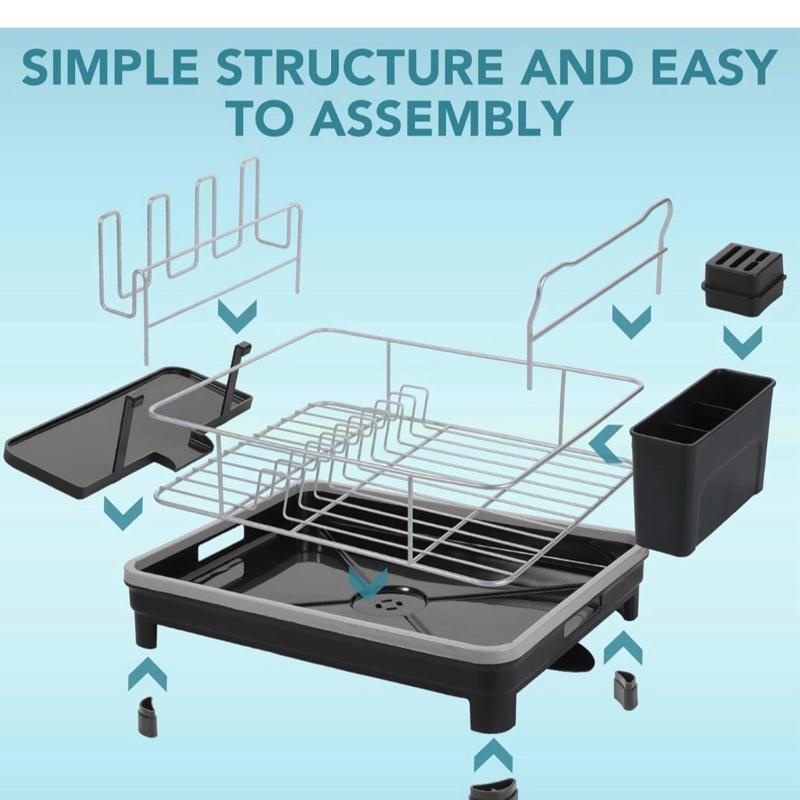 Dish Drainer Rack, Dish Drying Rack Multifunctional Sink Drainer Rack Plate Rack with Utensil Holder Drainage Spout Drip Tray Cup Holder Draining Board Rack for Kitchen Counter