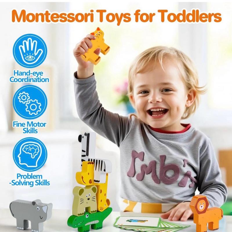 Wooden Stacking Toys for 1-3 Year Old Boys & Girls Animal Building Blocks for Toddlers Educational Baby Toys 18+ Months with Colourful Animals and Cards