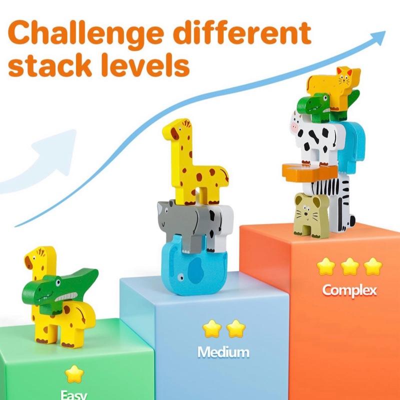 Wooden Stacking Toys for 1-3 Year Old Boys & Girls Animal Building Blocks for Toddlers Educational Baby Toys 18+ Months with Colourful Animals and Cards