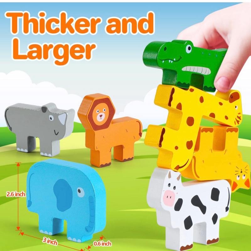 Wooden Stacking Toys for 1-3 Year Old Boys & Girls Animal Building Blocks for Toddlers Educational Baby Toys 18+ Months with Colourful Animals and Cards