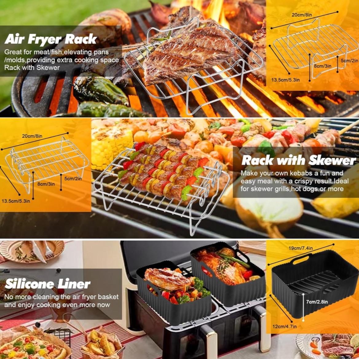 nuyikaso Air Fryer Accessories Set of 10 Pcs for Ninja Dual, Tower 7.6L-9.5L Including Silicone Reusable Liner Racks Paper Lining Gloves Food Clip Brush Spatula Black