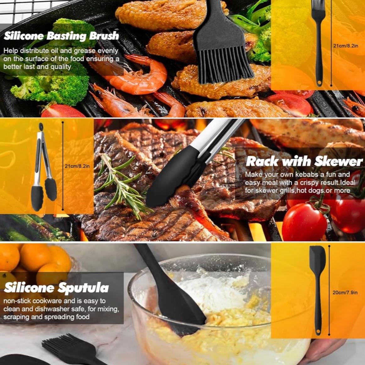 nuyikaso Air Fryer Accessories Set of 10 Pcs for Ninja Dual, Tower 7.6L-9.5L Including Silicone Reusable Liner Racks Paper Lining Gloves Food Clip Brush Spatula Black