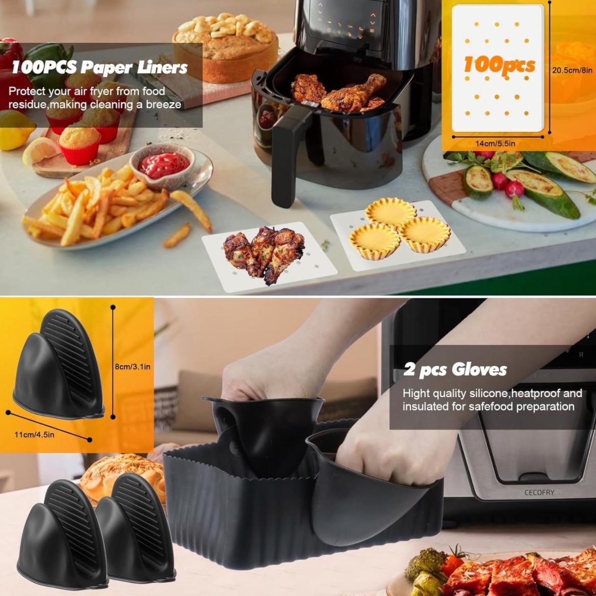 nuyikaso Air Fryer Accessories Set of 10 Pcs for Ninja Dual, Tower 7.6L-9.5L Including Silicone Reusable Liner Racks Paper Lining Gloves Food Clip Brush Spatula Black