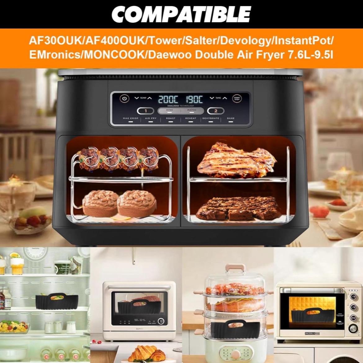 nuyikaso Air Fryer Accessories Set of 10 Pcs for Ninja Dual, Tower 7.6L-9.5L Including Silicone Reusable Liner Racks Paper Lining Gloves Food Clip Brush Spatula Black