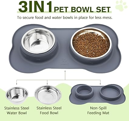 Dog Bowls Non Slip, Stainless Steel Double Bowls Set with Non-Spill Silicone Mats Tray for Cats and Dogs - Grey