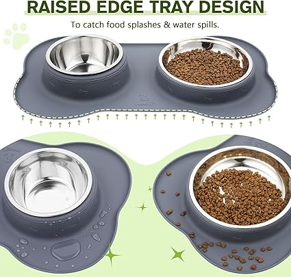 Dog Bowls Non Slip, Stainless Steel Double Bowls Set with Non-Spill Silicone Mats Tray for Cats and Dogs - Grey
