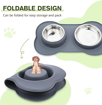 Dog Bowls Non Slip, Stainless Steel Double Bowls Set with Non-Spill Silicone Mats Tray for Cats and Dogs - Grey
