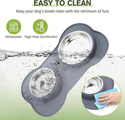 Dog Bowls Non Slip, Stainless Steel Double Bowls Set with Non-Spill Silicone Mats Tray for Cats and Dogs - Grey