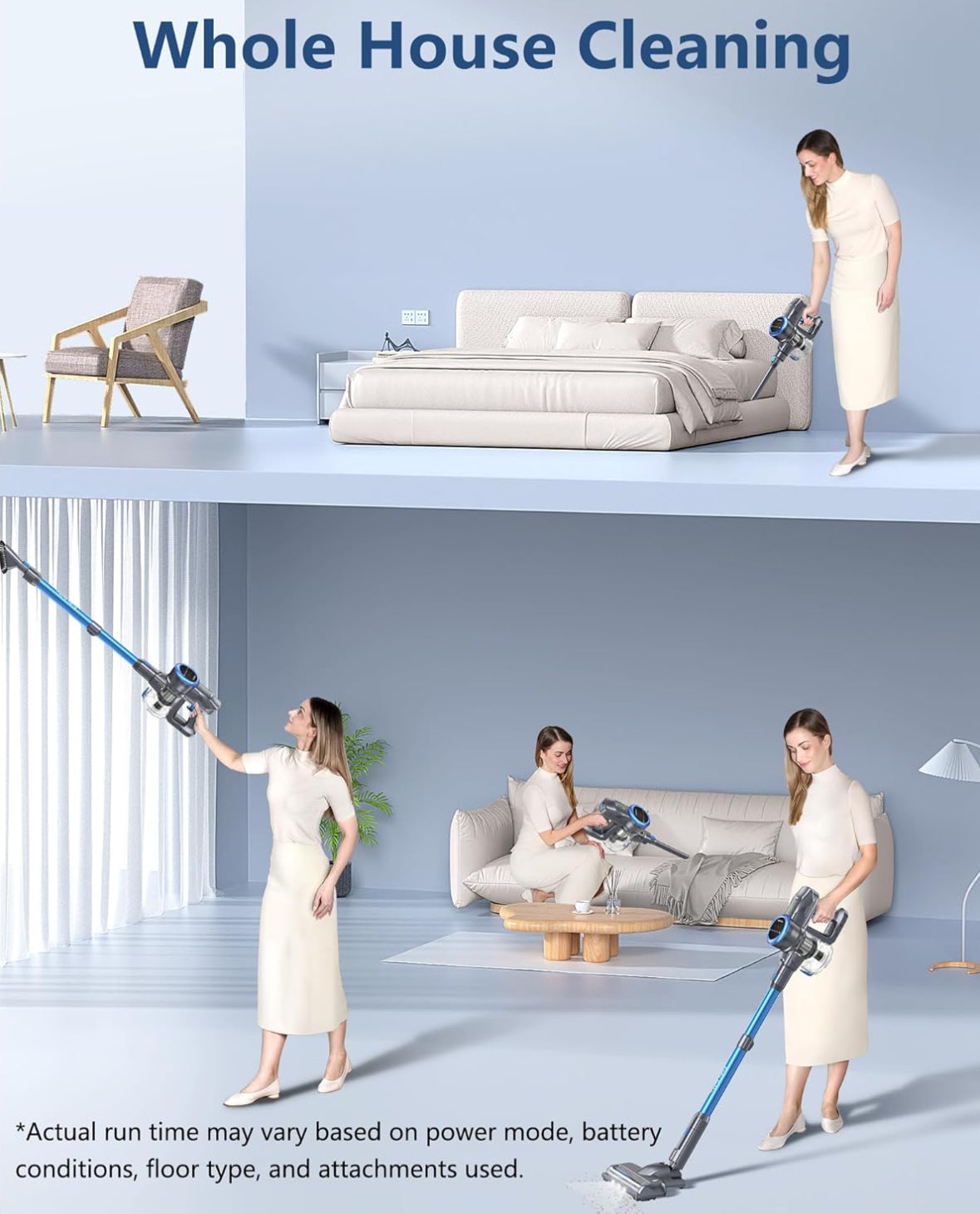 FABULETTA Cordless Vacuum Cleaner, 35KPA Stick Vacuum Cleaner with Brushless Motor, 3 Modes 6 in 1 Lightweight Vacuum Cleaner with 50Min Detachable Battery for Home/Pet Hair/Carpet/Hard Floor (Blue)