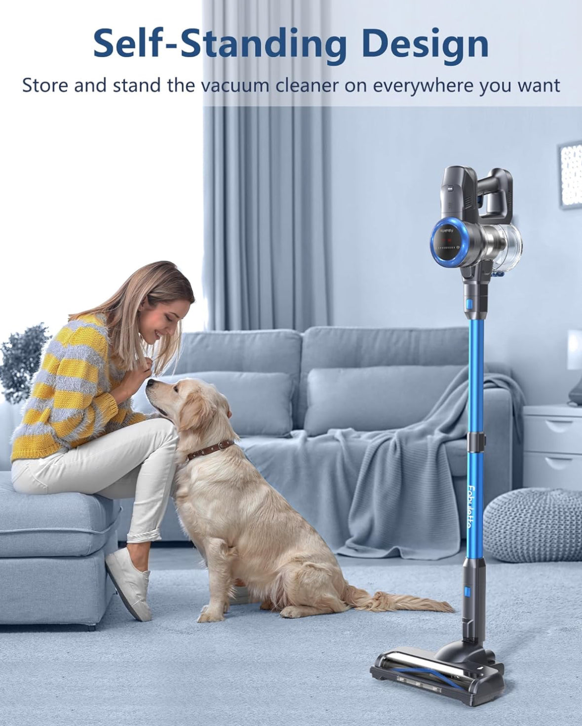 FABULETTA Cordless Vacuum Cleaner, 35KPA Stick Vacuum Cleaner with Brushless Motor, 3 Modes 6 in 1 Lightweight Vacuum Cleaner with 50Min Detachable Battery for Home/Pet Hair/Carpet/Hard Floor (Blue)