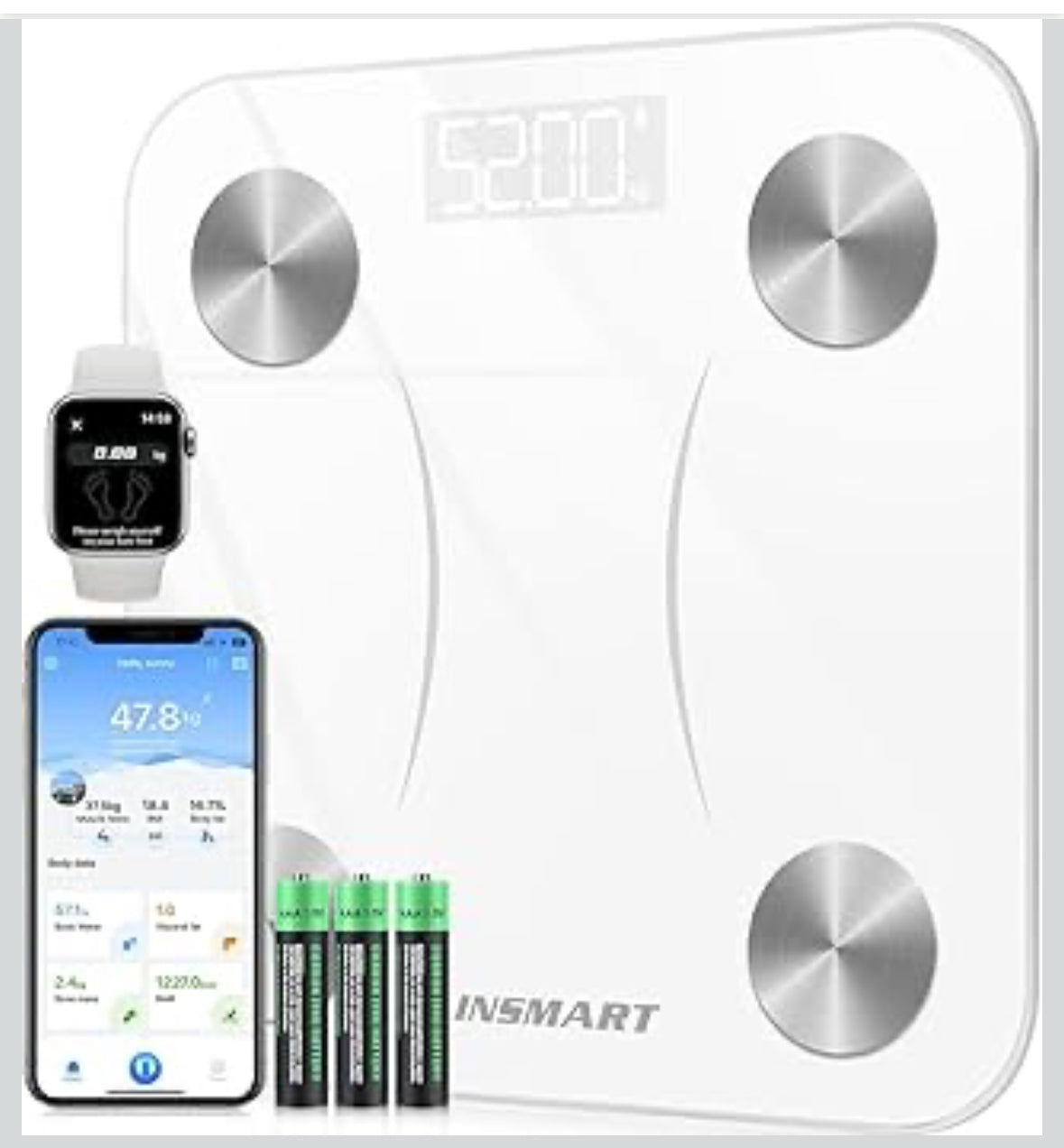Bluetooth Body Fat Scales, INSMART Smart Digital Bathroom Weight Weighing Scales for Body Composition Analyzer with Smart APP, Body Composition Fitbit Scales for Fitness (ST/LB/KG) - Box & packaging damaged.