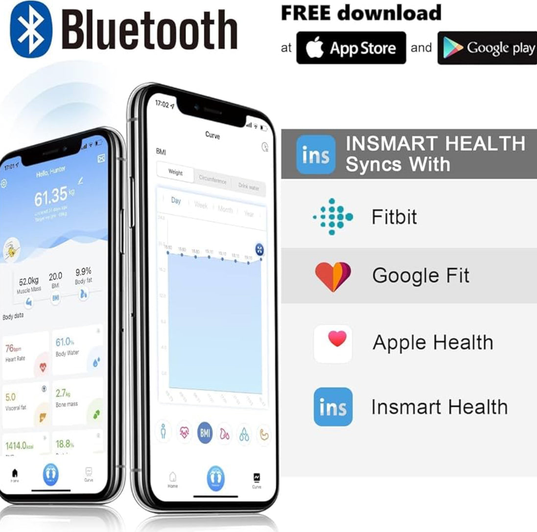 Bluetooth Body Fat Scales, INSMART Smart Digital Bathroom Weight Weighing Scales for Body Composition Analyzer with Smart APP, Body Composition Fitbit Scales for Fitness (ST/LB/KG) - Box & packaging damaged.