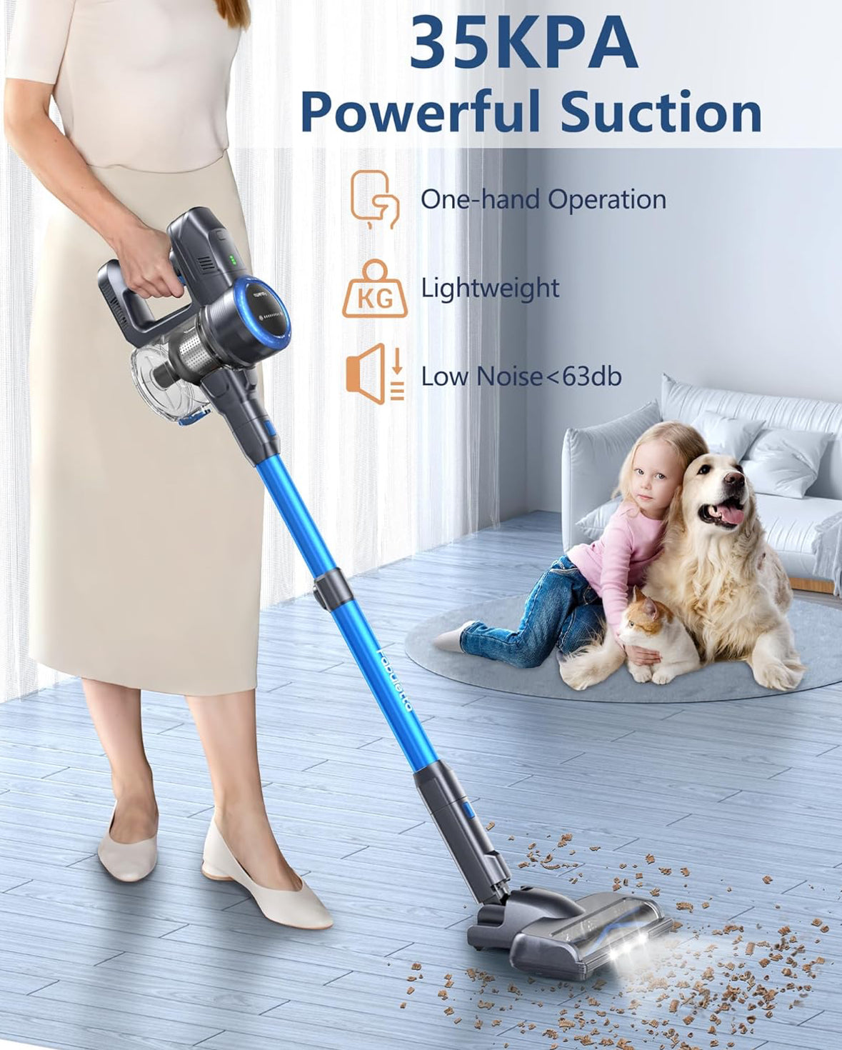 FABULETTA Cordless Vacuum Cleaner, 35KPA Stick Vacuum Cleaner with Brushless Motor, 3 Modes 6 in 1 Lightweight Vacuum Cleaner with 50Min Detachable Battery for Home/Pet Hair/Carpet/Hard Floor (Blue)