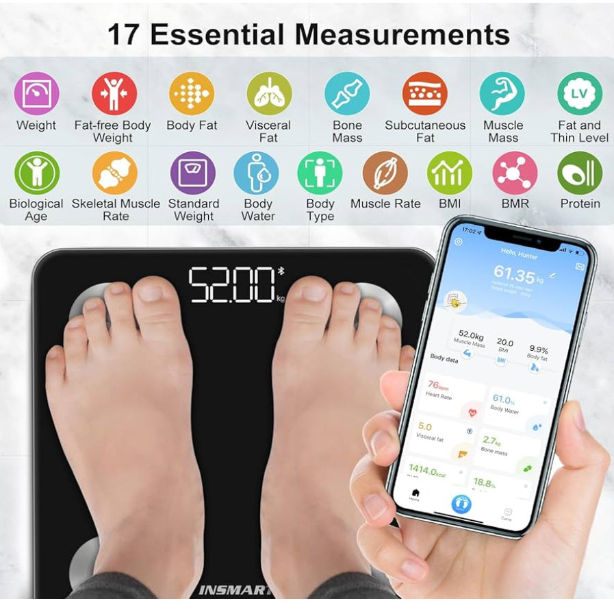 Bluetooth Body Fat Scales, INSMART Smart Digital Bathroom Weight Weighing Scales for Body Composition Analyzer with Smart APP, Body Composition Fitbit Scales for Fitness (ST/LB/KG) - Box & packaging damaged.