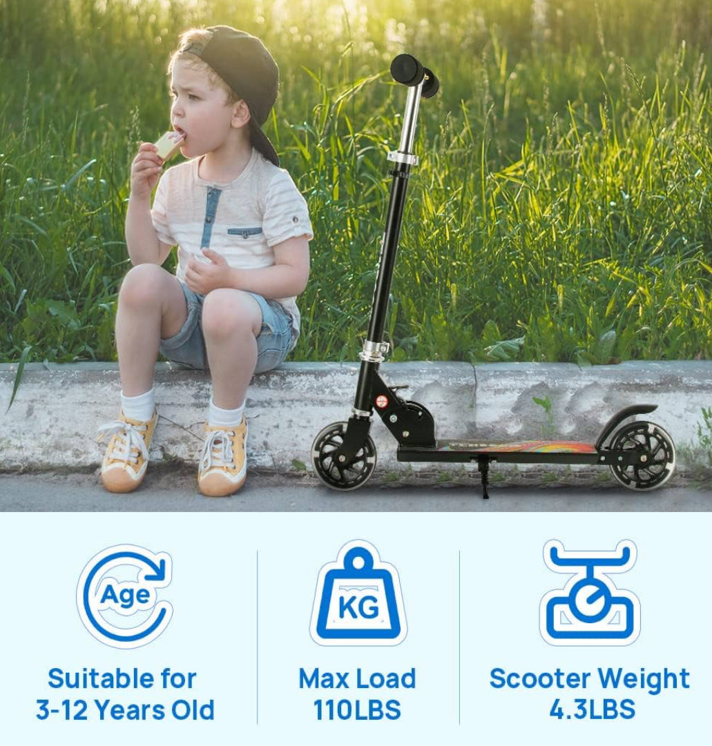 TENBOOM Kids Scooter Ages 6-12, Easy Folding with Adjustable Handlebar and Rear Brake, Light Up for Girls & Boys