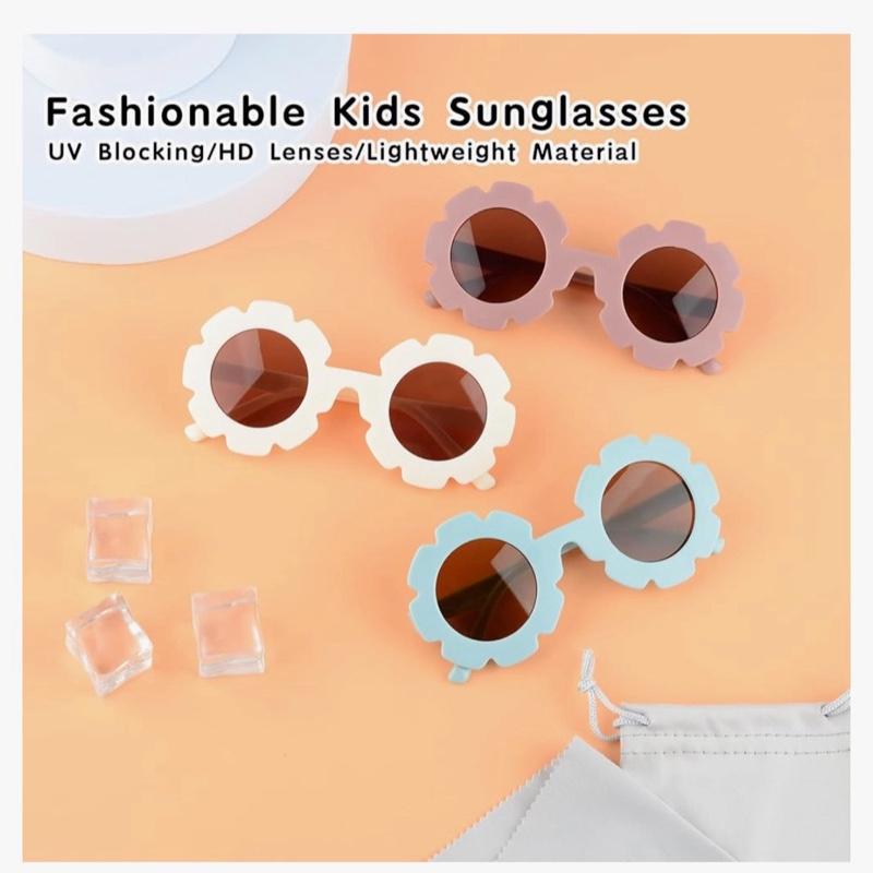 3 Pairs Flower Kids Sunglasses Cute Round Baby Sunglasses with Glasses Pouch and Cloth UV 400 Protection Flexible Frame for 0-8 years