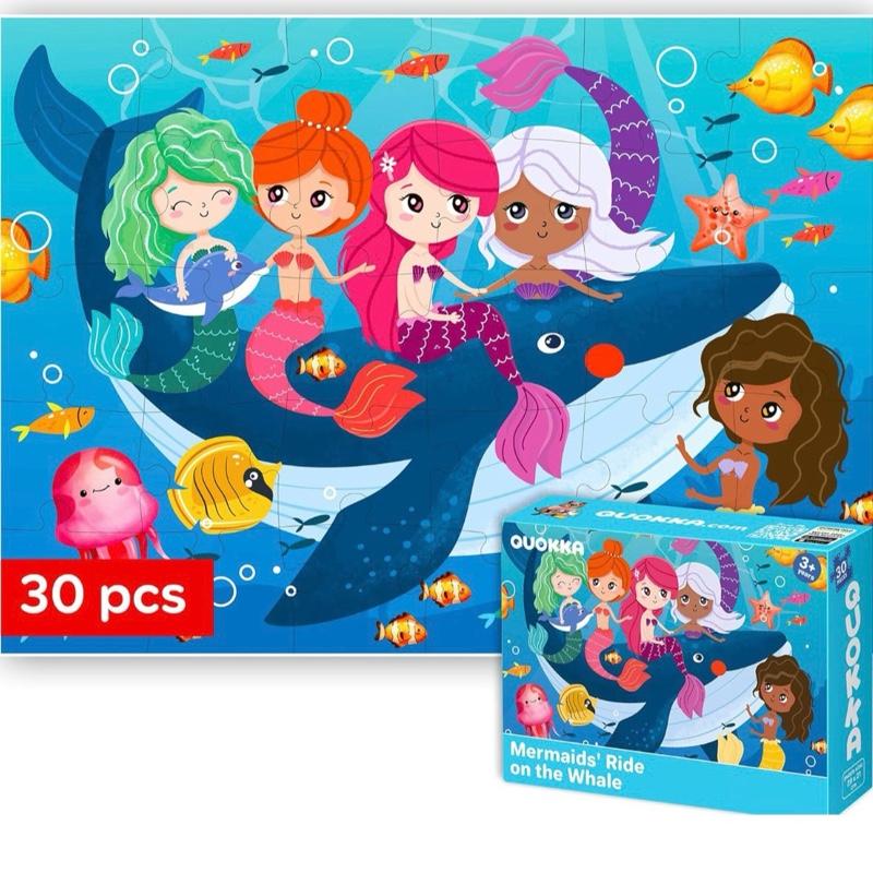 QUOKKA Jigsaw Puzzles For 3 4 Year Olds - Educational Toys Learning Mermaid Style 30 Pieces Mermaids Ride on the Whale