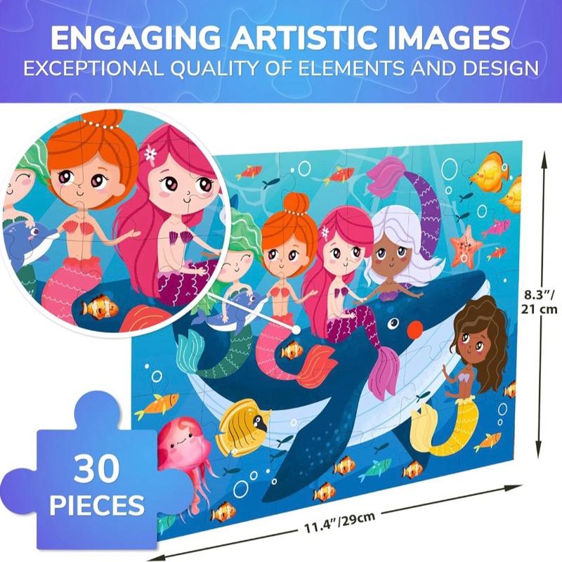 QUOKKA Jigsaw Puzzles For 3 4 Year Olds - Educational Toys Learning Mermaid Style 30 Pieces Mermaids Ride on the Whale