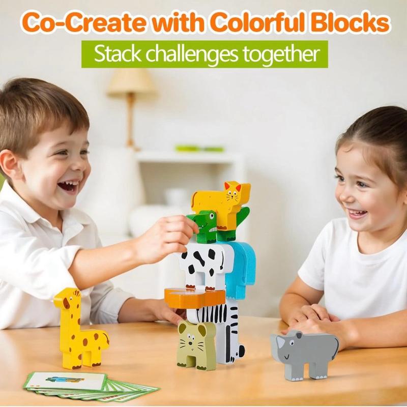 Wooden Stacking Toys for 1-3 Year Old Boys & Girls Animal Building Blocks for Toddlers Educational Baby Toys 18+ Months with Colourful Animals and Cards