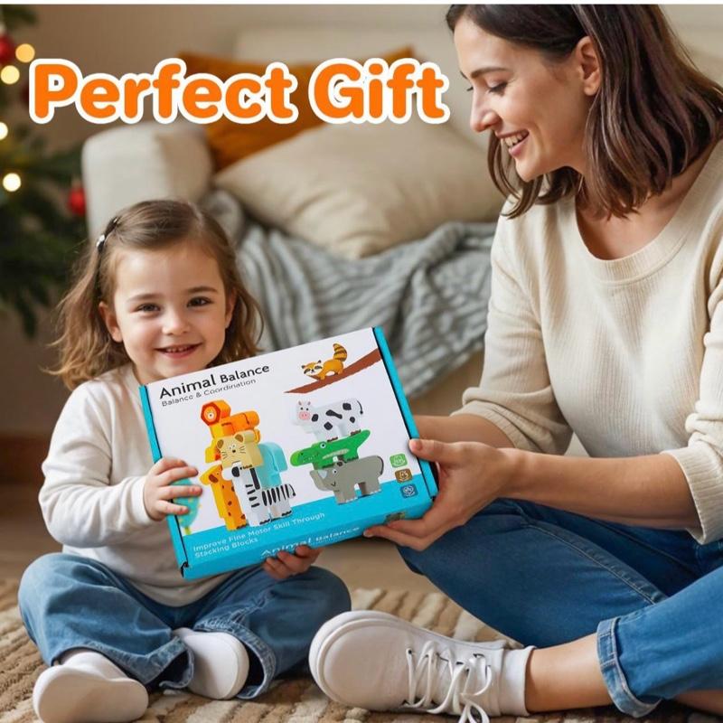 Wooden Stacking Toys for 1-3 Year Old Boys & Girls Animal Building Blocks for Toddlers Educational Baby Toys 18+ Months with Colourful Animals and Cards