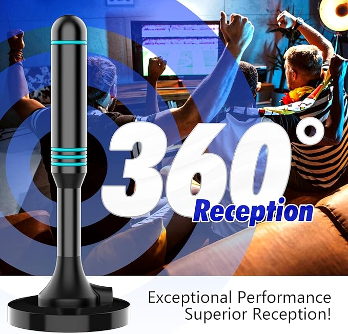 Indoor TV Aerial – Freeview Digital HD Aerial for Smart TV, 360° Reception up to 250 Miles, VHF/UHF Signal, Supports 4K 1080p, Easy Setup