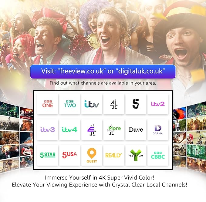 Indoor TV Aerial – Freeview Digital HD Aerial for Smart TV, 360° Reception up to 250 Miles, VHF/UHF Signal, Supports 4K 1080p, Easy Setup