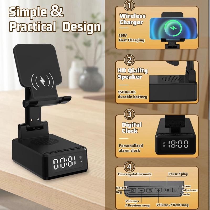 Bluetooth Speaker, Electronic Gadgets with Wireless Charger & Alarm Clock, with Type-C Interface, Foldable Angle & Height Phone Charger Stand with Sound Amplifier, Gifts for Men, Women