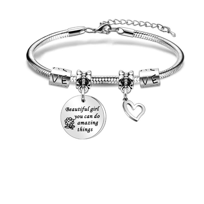 Inspiration Bracelet Gift,Silver Pendant Bracelet Beautiful Girl You Can Do Amazing Things For Daughter Niece Friends Sisters Friends Adjustable Jewellery
