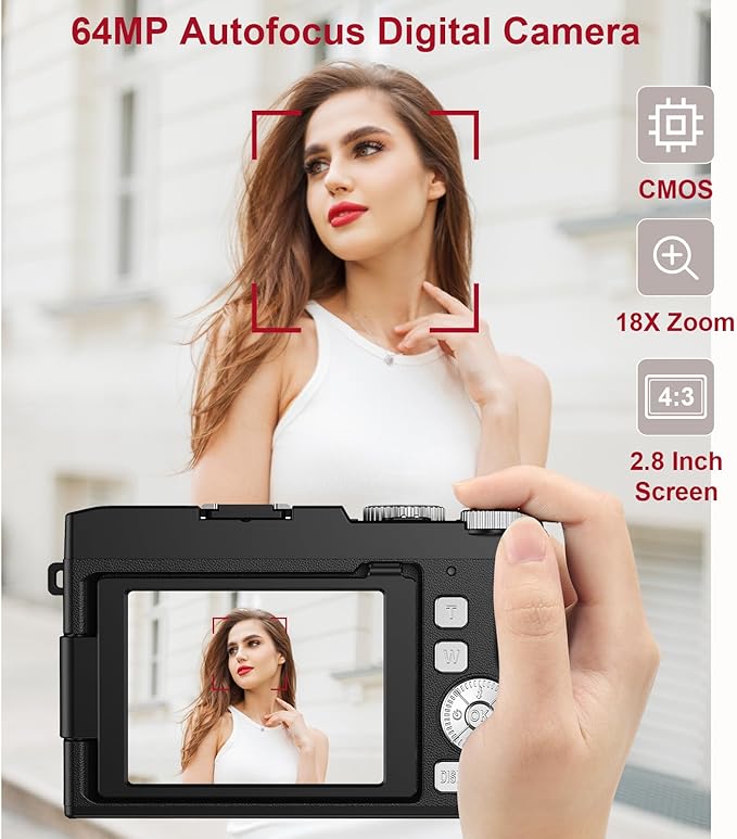Digital Camera 4K 64MP Autofocus Vlogging Cameras with 32GB Card & Macro Function, 18X Digital Zoom Compact Camera with 2.8'' 180° Flip Screen & 2 Batteries for Teens Beginners Adults