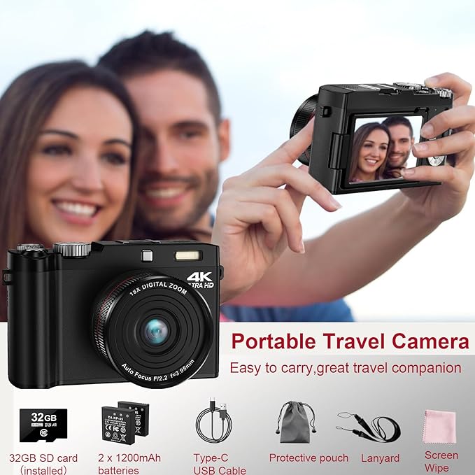 Digital Camera 4K 64MP Autofocus Vlogging Cameras with 32GB Card & Macro Function, 18X Digital Zoom Compact Camera with 2.8'' 180° Flip Screen & 2 Batteries for Teens Beginners Adults