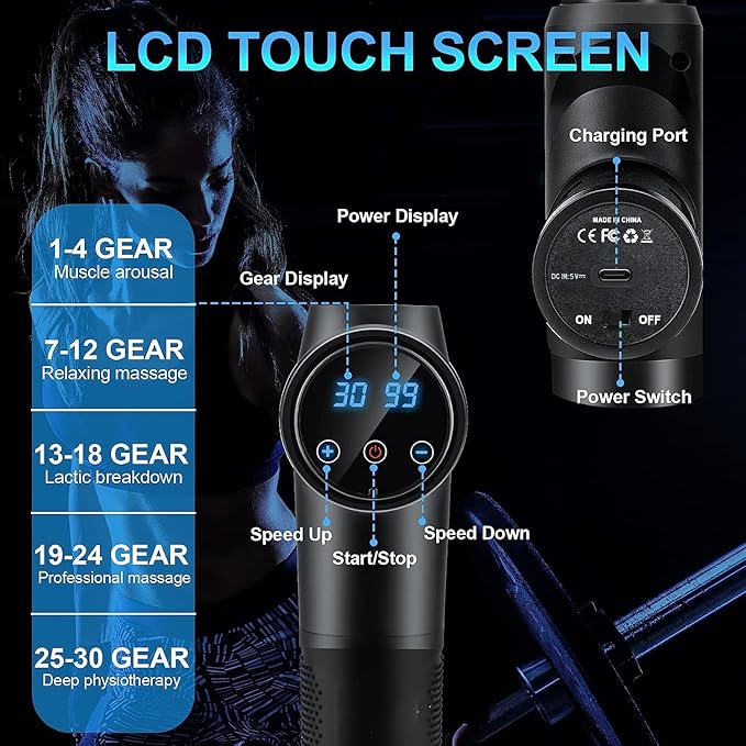 Massage Gun Deep Tissue, Muscle Percussion Massager with 30 Speeds Quiet Hand Massagers with LCD Touch Screen 10 Heads for Shoulder Body Back Relaxation