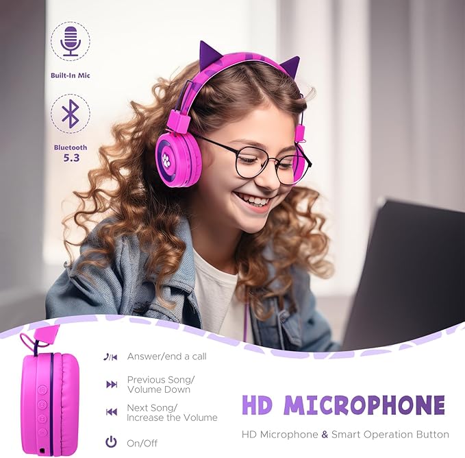 Kids Headphones Wireless, Cat ear/Dinosaur Bluetooth Headphones for Childrens/Boys/Girls, Adjustable Wireles Toddler Headphones Age 2-12, School Headphone with Microphone for iPad/Fire Tablet/Kindle