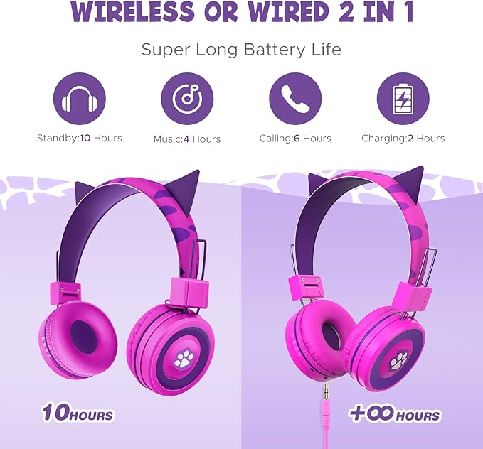 Kids Headphones Wireless, Cat ear/Dinosaur Bluetooth Headphones for Childrens/Boys/Girls, Adjustable Wireles Toddler Headphones Age 2-12, School Headphone with Microphone for iPad/Fire Tablet/Kindle