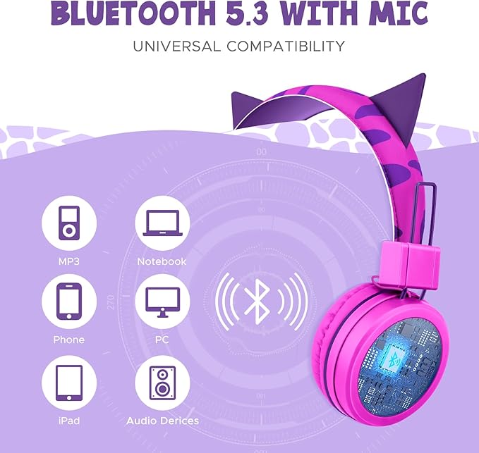 Kids Headphones Wireless, Cat ear/Dinosaur Bluetooth Headphones for Childrens/Boys/Girls, Adjustable Wireles Toddler Headphones Age 2-12, School Headphone with Microphone for iPad/Fire Tablet/Kindle