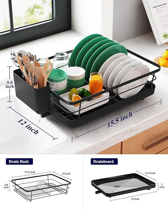Kitsure Dish Drainer Rack- Space-Saving Dish Drainer, Dish Racks for Kitchen Counter, Stainless Steel Kitchen Drying Rack with a Cutlery Holder